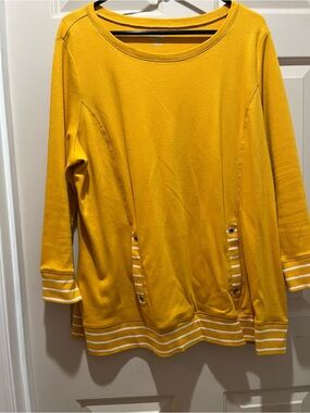 Kim Rogers Mustard Yellow Crewneck Sweater with Striped Trim